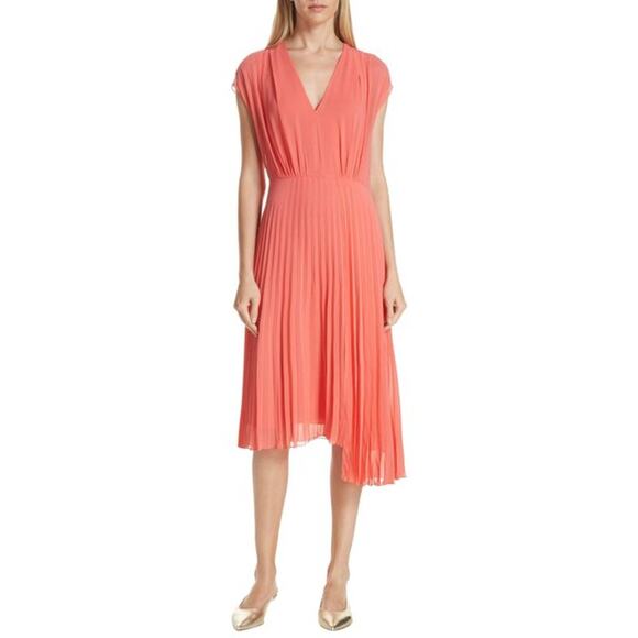 LEWIT Coral Pleated Chiffon V Neck Sleeveless Summer Asymmetrical Dress 6 - Picture 1 of 7